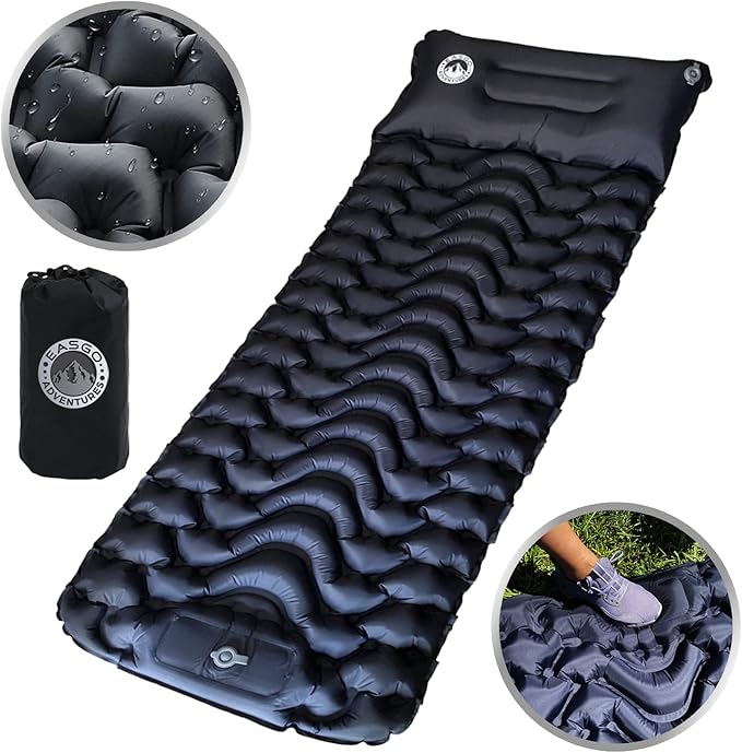 Ultralight Inflatable Sleeping Pad for Camping, Backpacking, Hiking, Travel, Built-In Step Inflating Air Pump, Integrated Pillow, Indoor Outdoor Firm Sleep Support, Compact and Portable, Black
