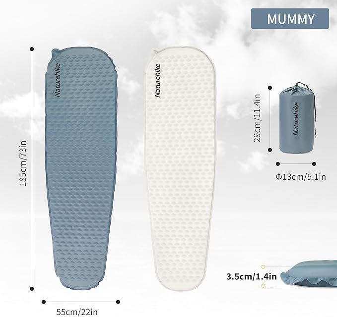 Naturehike Ultralight Self Inflating Insulated Sleeping Pad, 1.4in Lightweight Rectangular/Mummy Sleeping Mat for Camping Backpacking Hiking Traveling, ISPO Award Winner 2024