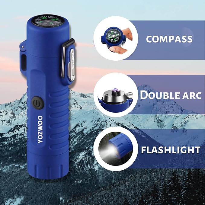 YOZWOO Dual Arc Lighter Rechargeable Plasma Electric Lighter Waterproof Windproof Flameless Cool Lighter with LED Flashlight and Survival Compass for Outdoor,Camping, Hiking,Traveling（Blue）
