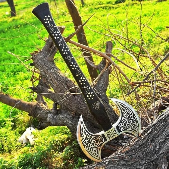 Camping Axe Tomahawk Viking Axe Long Double Edge Head Viking Axe Twin Blade Axe with Rose Wood Handle on Brass Work with Leather Sheath
