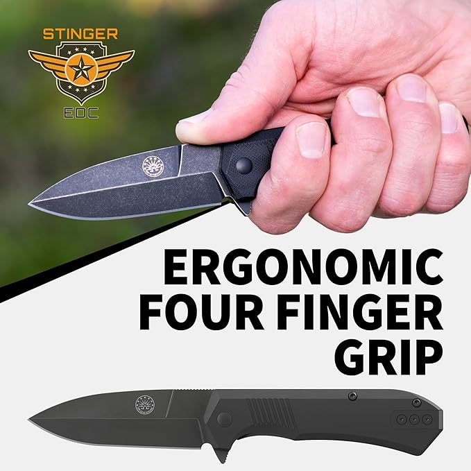 Off-Grid Knives - Stinger EDC Folding Knife with Spear Point Blade, Crucible 154CM Steel, G10 Scales, Deep Carry Clip, Everyday Carry (Blackout Spear Point)
