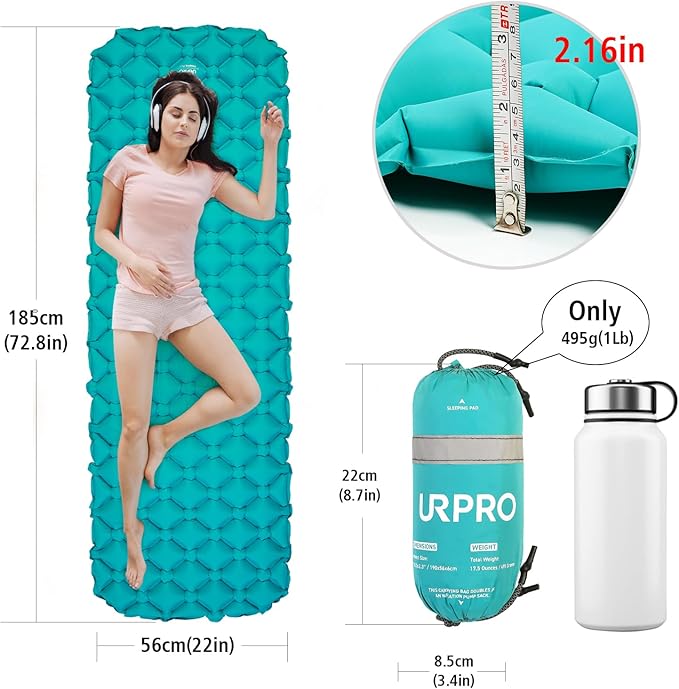 Camping Sleeping Pad Air Mattress - Inflatable Ultralight Ergonomic Design Compact Airpad Mat Backpacking Hiking Outdoor Activities Green