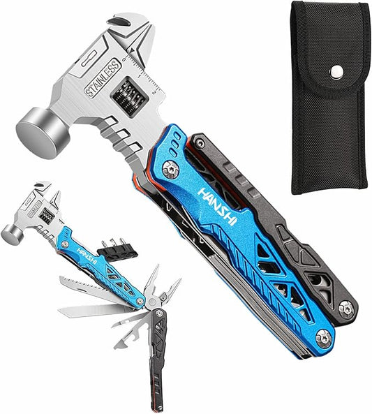 Upgraded Adjustable Wrench Multitool Hammer with YG10 Tungsten Steel Replaceable Wire Cutters for Men,18 in 1 Pocket Multi Tool Knife with Spring-Action Pliers for Camping,Survival (Blue)