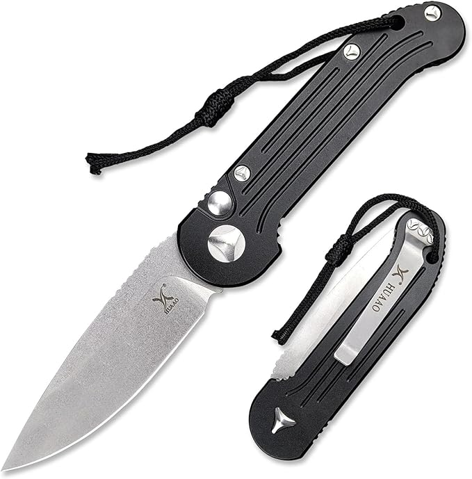 7.95 Inch Tactical Folding Knife, 8Cr13MoV Stonewashed Blade Black Aviation Aluminum Handle, Push Button Opening Outdoor Knife, SpeedSafe Assisted Survival Knife With Pocket Clip