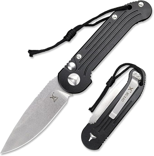 7.95 Inch Tactical Folding Knife, 8Cr13MoV Stonewashed Blade Black Aviation Aluminum Handle, Push Button Opening Outdoor Knife, SpeedSafe Assisted Survival Knife With Pocket Clip