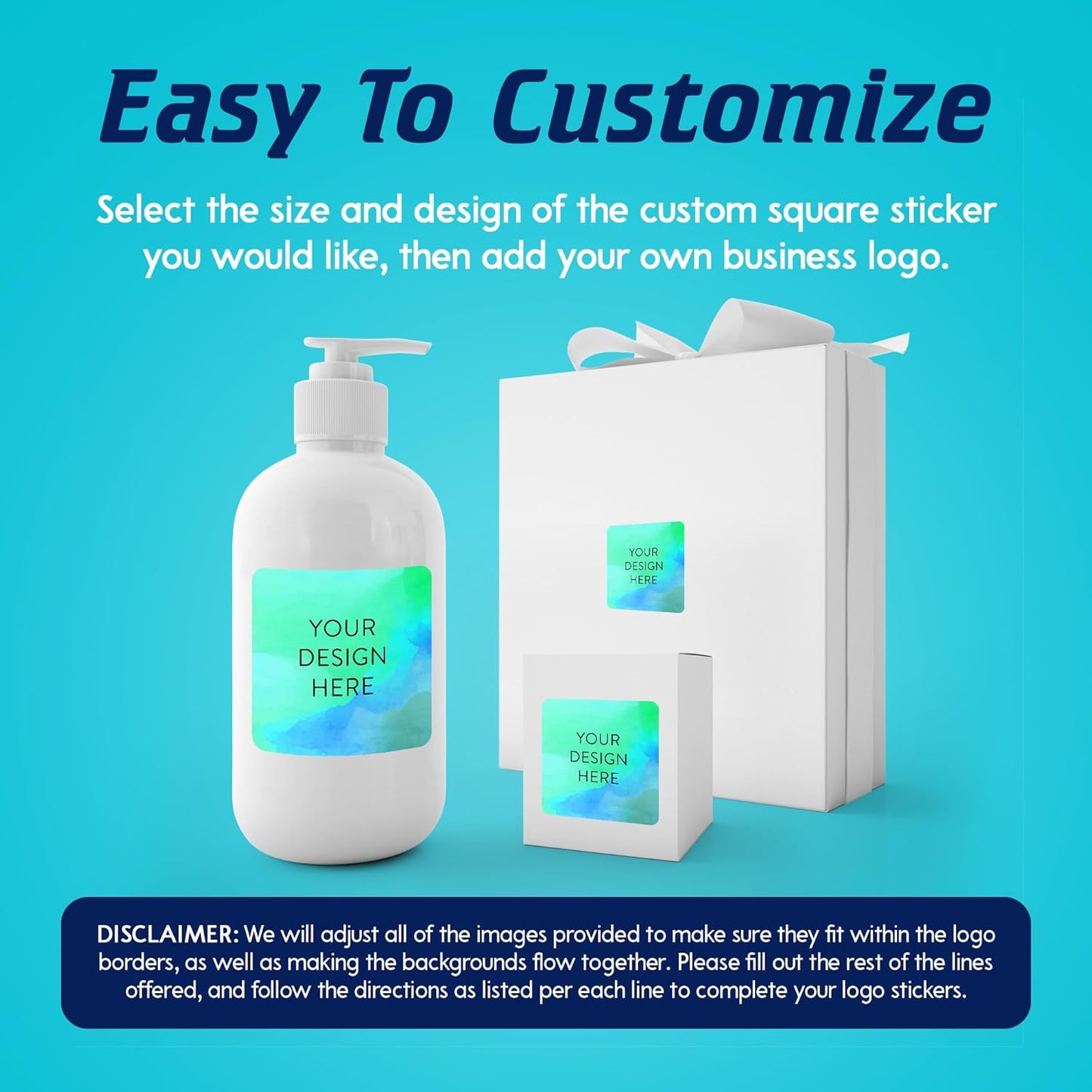 100 Custom Vinyl Stickers - Upload Your own Image, Text, Design, Logo - Personalized Logo Labels for Handmade, Packaging, Bottle, Jars, Candle, Brand Stickers (Blue Green, 1.5x1.5 Square)