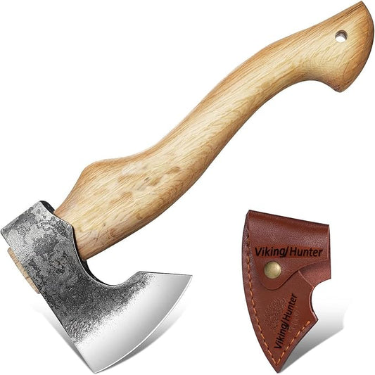 Handmade Small Hatchets Axe Mini Viking Axe Carbon Steel Short Handle 12 Inch Forest Bushcraft Tool with Leather Sheath Camping Bearded Hunting Chopping Axe for Gifts (VK-Ax-8)
