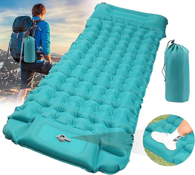 Sleeping Pad for Camping, Ultralight Inflatable Sleeping Mat with Pillow, Built-in Foot Pump, Self Inflating 4" Extra-Thick Camping Air Mattress, Compact Camping Pads for Sleeping, Backpacking