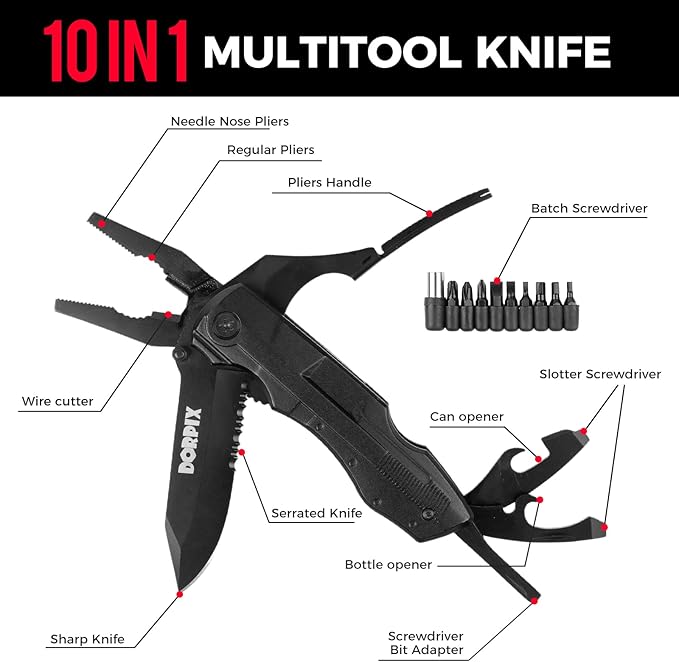 Small Pocket Knife with Pliers and Multitool - Stainless Steel Pocket Knife Set for Men - Perfect Camping and Survival Tool, Black