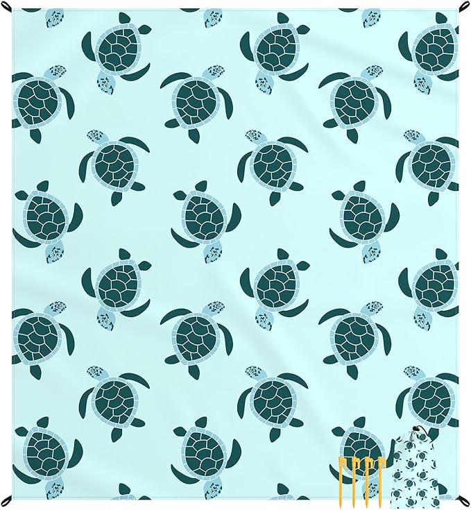 Beach Blanket Waterproof Sandproof, 6.5'x7.2' Extra Large Sand Free Beach Mat 1-4 Adults, Lightweight Portable Outdoor Beach Accessories w/ 4 Stakes for Picnic, Camping, Vacation - Green Baby Turtle