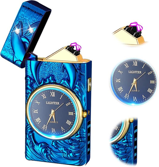 Cool lighters Windproof Lighter arc Lighter Electric lighters Rechargeable Flameless Plasma Lighter with Battery Indicator, lighters for Men (Blue)