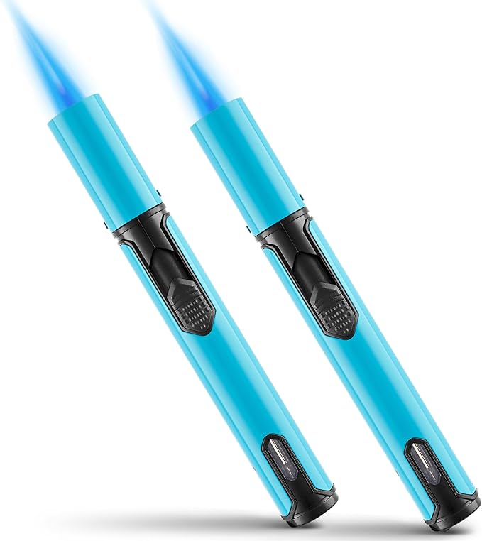 Urgrette 2 Pack Butane Torch Lighter, 6-inch Jet Flame Butane Lighter Refillable Pen Lighter for Grill BBQ Camping (Gas Not Included) Blue