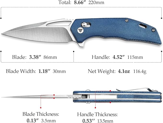 Pocket Folding Knife for Men，Flipper Knife with Clip for EDC Survival Camping Outdoor Everyday Carry，3.38" 14C28N Steel Blade，Micarta Handle，Vela-04L