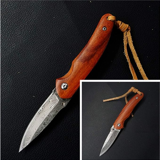 Folding Pocket Knife 2.6” Damascus Steel Blade and Natural Classic Red Sandalwood Handle Design, Outdoor EDC Portable Carry Keychain Knife
