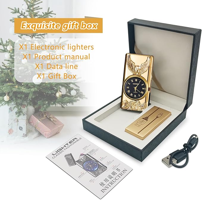 Plasma Lighter USB Rechargeable with led Display arc Lighter with Clock dial time Display Cool Lighter for Father's Day（Gold）