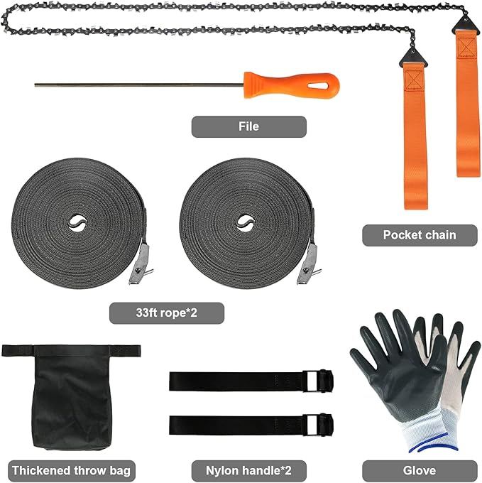 Hand Rope Chain Saw - 48" pocket chainsaw directly connected to 66 ft ropes to form high tree limb rope chainsaw for camping survival and tree pruning