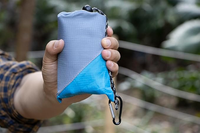 Orga'Neat Outdoor Pocket Blanket, 55”*60” Foldable Compact Lightweight Fast Dry Thin Tarp Mat for Picnic Camping Hiking Backpacking, Water-Resistant, Easily Put in Small Bag -Grey/Blue