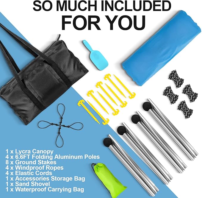 Buheco Beach Tent Pop Up Shade 10x10ft Beach Canopy Sun Shelter UPF50+ with 4 Foldable Poles-Portable Carrying Bag-Sand Shovel-Ground Pegs-Windproof Ropes for Outdoor Family Camping-Fishing-Picnic
