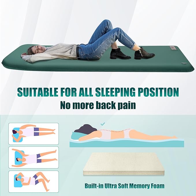 OUTSKIRT Sleeping Pad for Camping with Built-in Pump, Camping Mattress with Memory Foam, Easy to Inflate/Deflate Air Mattress for Camping and Other Outdoor Adventures,Green