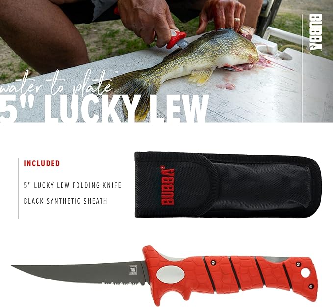 BUBBA 5 Inch Lucky Lew Folding Compact Fillet Knife with Non-Slip Grip Handle, Stainless Steel Blade, Lanyard Hole and Synthetic Carry Case for Gutting, Fishing and Hunting