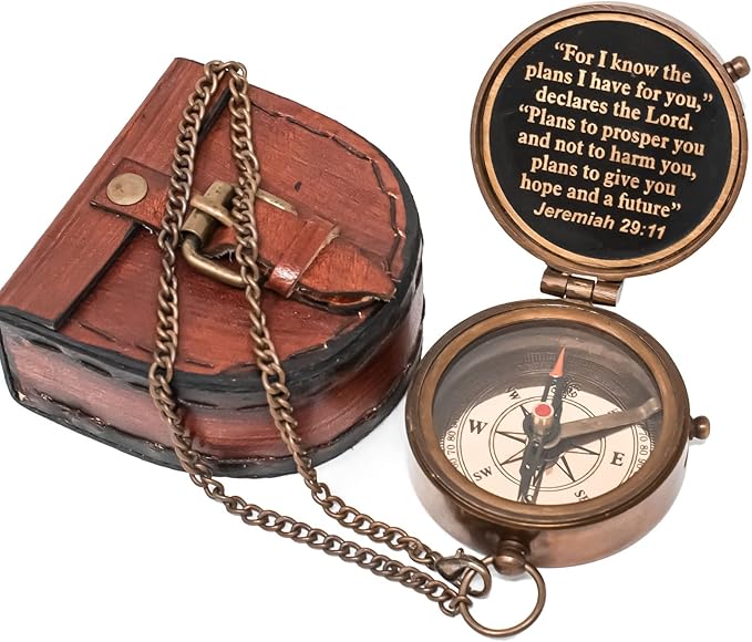 Engraved Personalized Inscription Antique Brass Compass Engraved with Leather Case Son Mom Children Gift Baptism Birthday Easter Decor