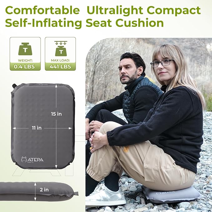 ATEPA Inflatable Seat Cushion Lightweight Self-Inflatable Memory Foam Seat Cushion for Stadium Airplane Trevel, Waterproof Portable Seat Cushion Best for Backpacking Camping Chair Pad, Grey