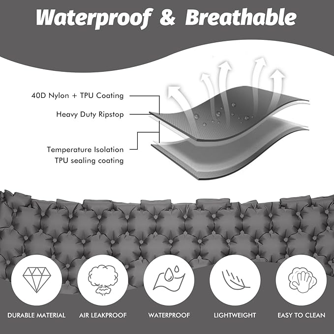 LAMA Double Sleeping Pad for Camping, 2 Persons Self Inflating Camping Mat for Sleeping, Ultralight Sleeping Mat with Pillow Built-in Pump, Ultra-Thick Air Mattress for Backpacking, Hiking, Grey