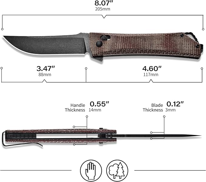 Cohesion Pocket Knives & Folding Knives - D2 Steel Blade Micarta Handle Reversible Pocket Clip, EDC Knife for Camping