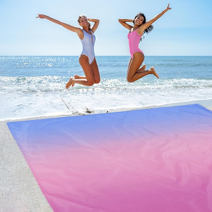 Waterproof Sandproof Beach Blanket, Blue Pink Gradient Picnic Blanket for 4 Adult, Weighted Beach Mat Sand Free with Stakes and Sand Pocket, Polyester Quick Drying Outdoor Beach Essentials Must Have