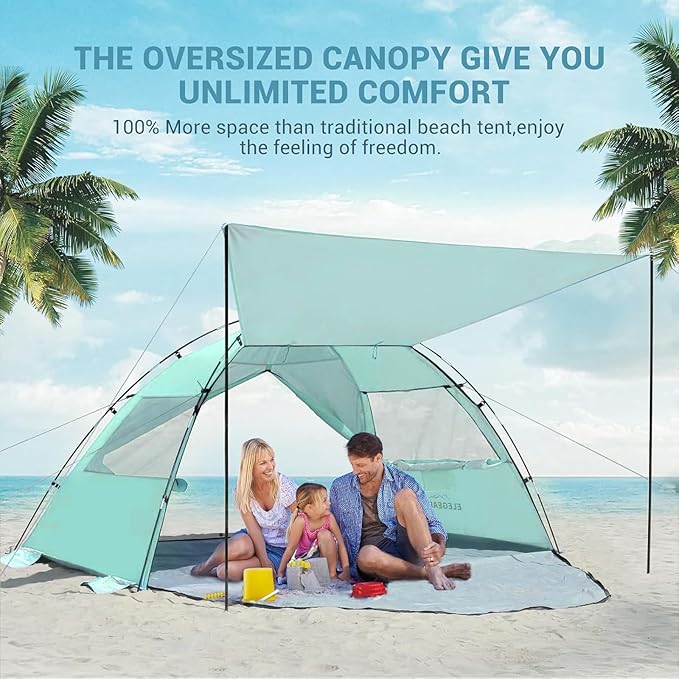 Elegear Beach Tent Sun Shelter with Canopy, 4-5 Person Pop Up Beach Tent, Easy Setup UPF 50+ UV Protection Portable Lightweight Double Silver Coating Cabana Sun Shade Shelter - Green