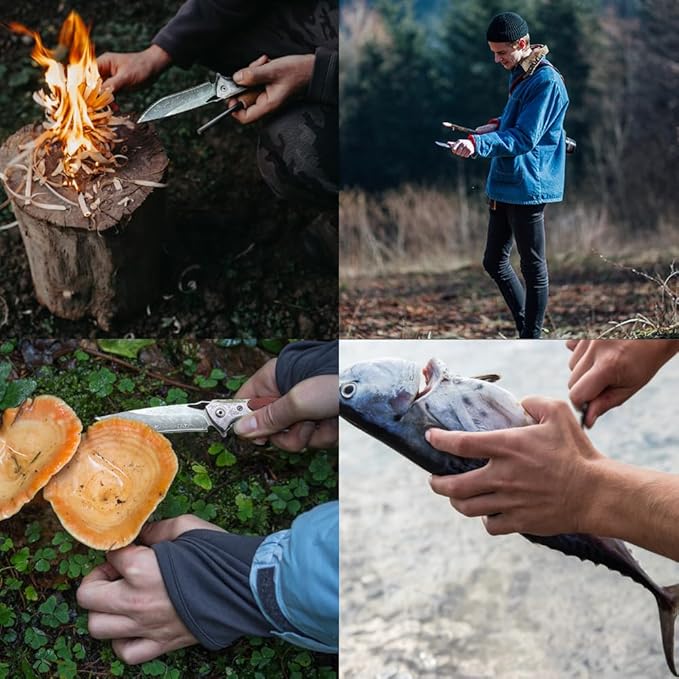 Damascus Pocket Knife with Clipand Leather Sheath, Folding Knife with VG10 Damascus Steel Blade,Wooden Handle, Foldable EDC Knife for Outdoor Survival