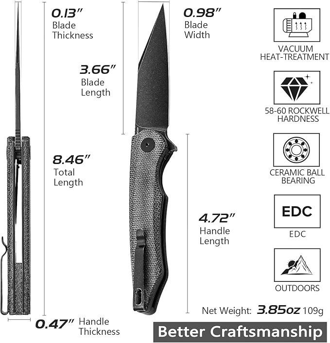 Pocket Knife with Reversible Clip，3.66'' Black PVD Titanium Coating 14C28N Blade Micarta Handle with Liner Lock Lightweight Folding EDC for Men Camping Hunting，Lynx-04