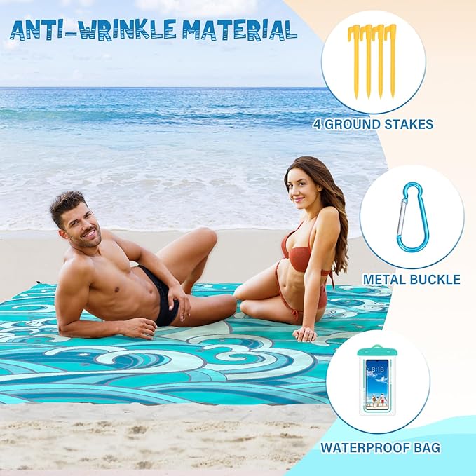 Beach Blanket Waterproof Sandproof 1-7 Adult Oversized 78 '' × 110 '' Lightweight Durable Compact Sand Free Beach Mat for Travel Camping Hiking Picnic Blanket Extra Large