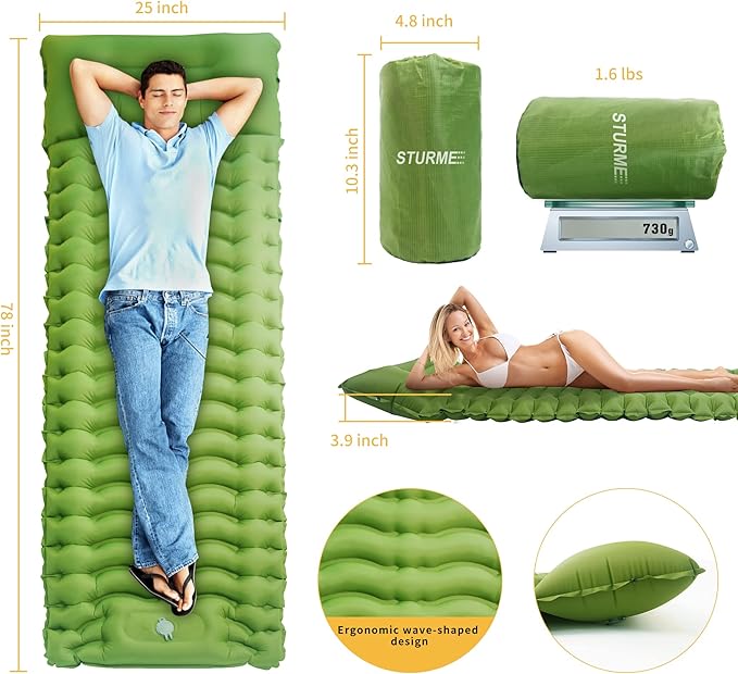 STURME Sleeping Pad for Camping, 3.9 Inch Thickness Self-inflating Camping Mattress with Foot Pump, Compact Air Mattress Ultralight Sleeping Mat with Pillow for Backpacking, Hiking, Outdoor -ArmyGreen