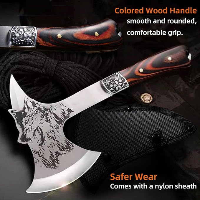 Stainless Steel Camping Hatchet with Sheath, 12.59" Wooden Handle Tactical Hatchet for Outdoor, Hunting, Adventure, Emergency YH22-01