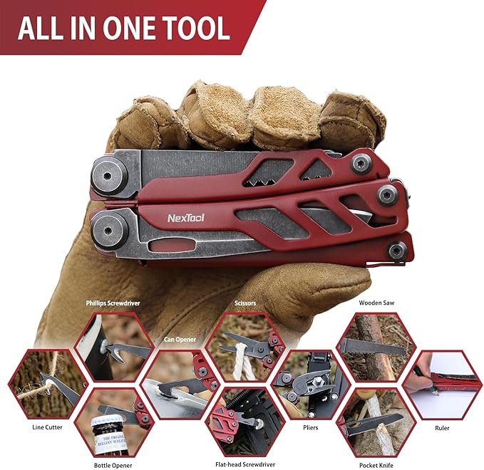 NexTool Flagship Pro, Multi Tool, Multitool Pliers with Big Folding Scissors, Replaceable Wire Cutters and Safety Locking, Multi Tool Pocket Knife, Survival Tools with Glass Breaker, Gifts for Men-Red
