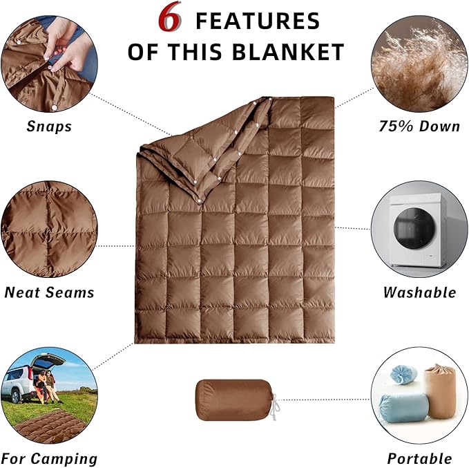 Down Camping Blanket,Puffy Down Blanket Packable Lightweight Down Throw Quilt Water-Resistant Outdoor Travel Blanket for Camping,Hiking,Stadium,Picnic,Car 50x77''Brown