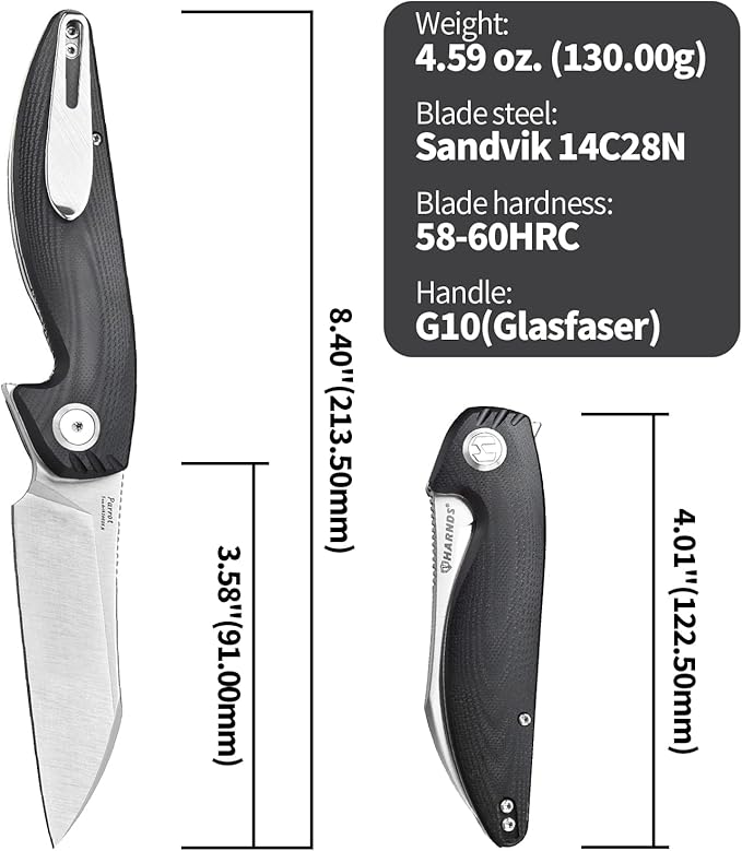 Parrot Folding Pocket Knife with Clip and Blade Lock, 8.4" EDC Folding Knife with Sweatproof G10 handle and 14C28N Stainless Blade (Black)