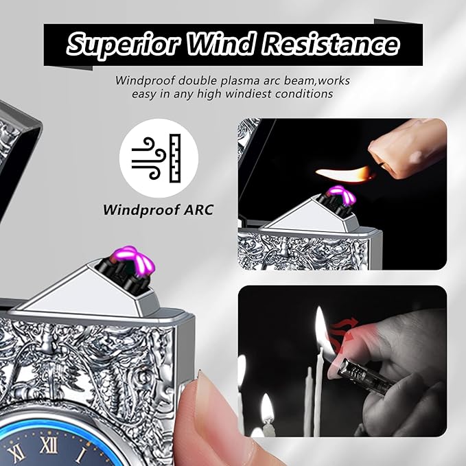Gifts for Him Electric Lighters Rechargeable USB Lighter Windproof Flameless Plasma Lighters Unique Lighter with Battery Indicator Butane Free Electric Candle Lighter, Gifts for Men（Silver）