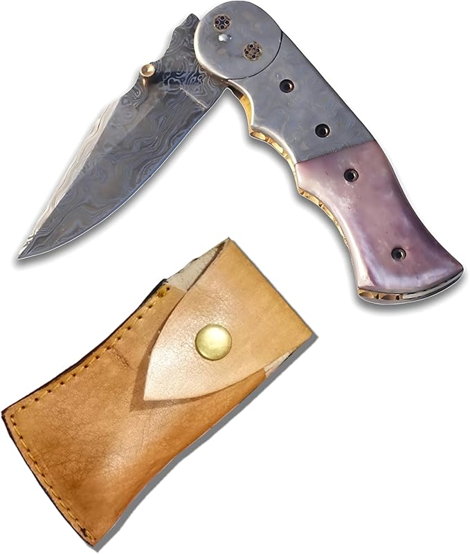 Damascus Folding Knife, Damascus Steel folding knife with Sheath, Damascus Pocket Knife with Bone, Hunting Knife, Pocket Knife for Men Birthday Gift