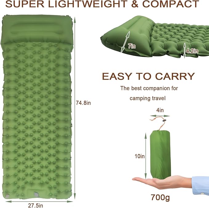 Sleeping Pad Ultralight Inflatable Camping Sleeping Pad with Pillow,Built-in Foot Pump,Lightweight Camping Mattress,Thick 4" Sleeping Mat for Camping Backpacking Hiking (Green, Single)