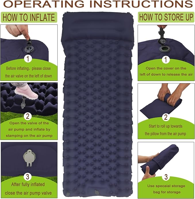 Sleeping Pad Ultralight Inflatable Camping Sleeping Pad with Pillow,Built-in Foot Pump,Lightweight Camping Mattress,Thick 4" Sleeping Mat for Camping Backpacking Hiking (Navy Blue, Single)