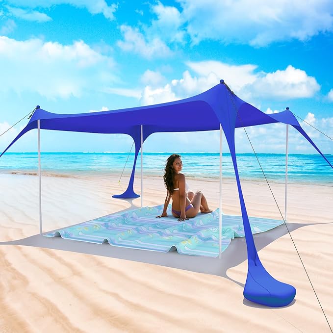 Beach Tent Pop Up Shade Canopy Sun Shelter UPF50+ with 4 Stability Poles/Carry Bag/Ground Pegs/Sand Shovel/Windproof Ropes Portable Outdoor Family Sunshade for Beach Camping (Navy Blue, 7×7FT)