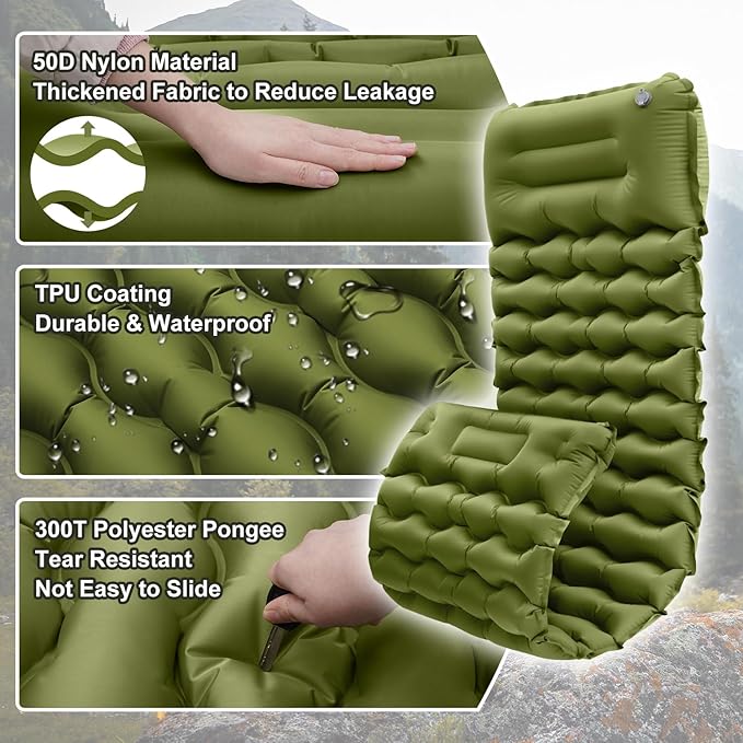 Sleeping Pad, 50D Ultralight Inflatable Camping Mat with Pillow Built-in Foot Pump Sleeping Mat Waterproof Portable and Compact Camping Mattress for Backpacking/Hiking/Traveling/Tent/Road Trip