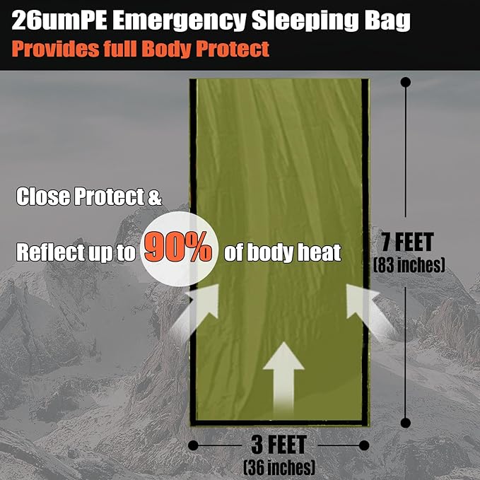 Frelaxy Emergency Sleeping Bag 1-Pack/2-Pack, Extra-Thick Compact Survival Bivy with Whistle, Storage Pouch, and EVA case, Perfect for Survival Kits