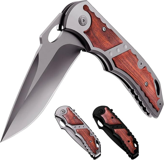 Grand Way Spring Assisted Knife - 5Cr15MoV Sharp Blade - Pocket Knife with Wood Handle - Tactical Folding Knives - Best for EDC Camping Survival - Birthday Gifts for Dad Men 97010