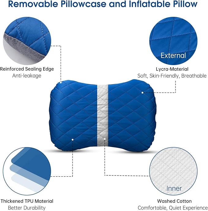 Inflatable Camping Pillow with Removable Cover - Ultralight Compact Camp Pillows for Sleeping, Backpacking, Hiking, Beach, Outdoor - Portable Blow Up Air Travel Pillow for Neck & Lumbar Support - Blue