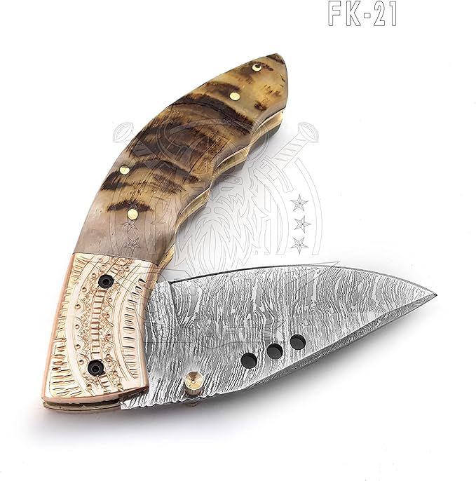 SHINY CRAFTS -Damascus Folding Knife Pocket Knives Hunting Knife Tactical Knife – Utility Pocket Knife - Everyday Carry - PlainEdge - Leather Sheath (FK 21)