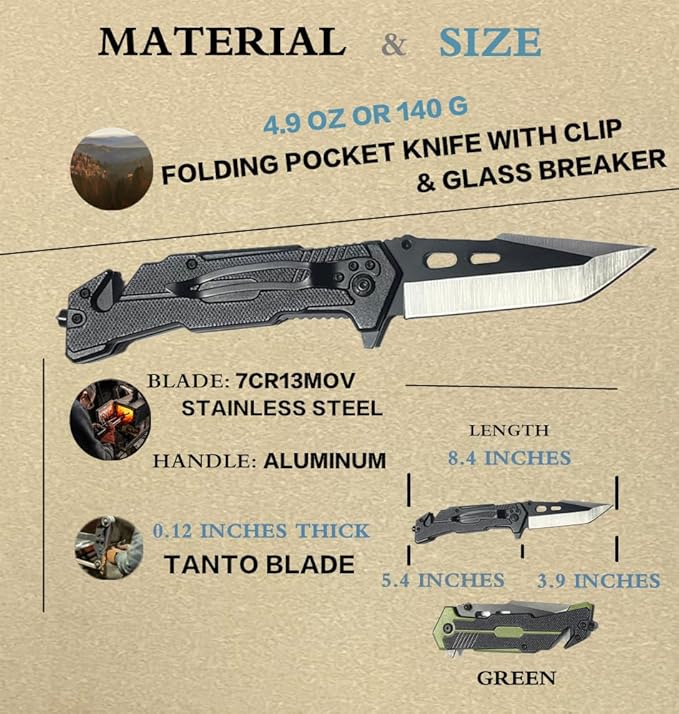 HELLOWZXD Folding Pocket Knife - Glass Breaker,Strap Cutter,7mov13 Stainless Steel Tanto Folding Knives - Smoothy Ball Bearing,Aluminum Handle w Clip EDC Knife for Survival Camping Hiking
