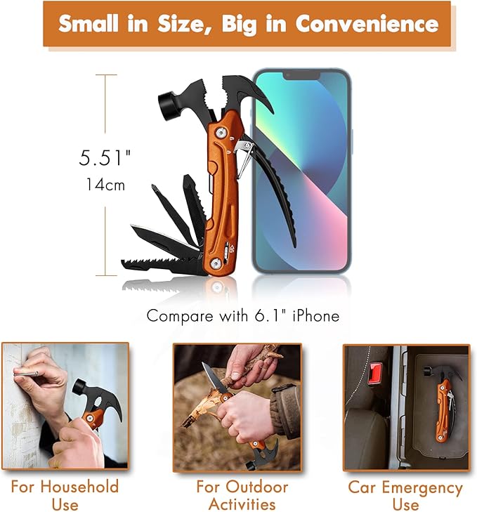 Hammer Multitool Cool Gadgets Multi Tool with Gift Box Carrying Case Birthday Stocking Stuffers Father's Day Gifts Valentines Day Gifts for Men Husband Him Camping Accessories(Orange)
